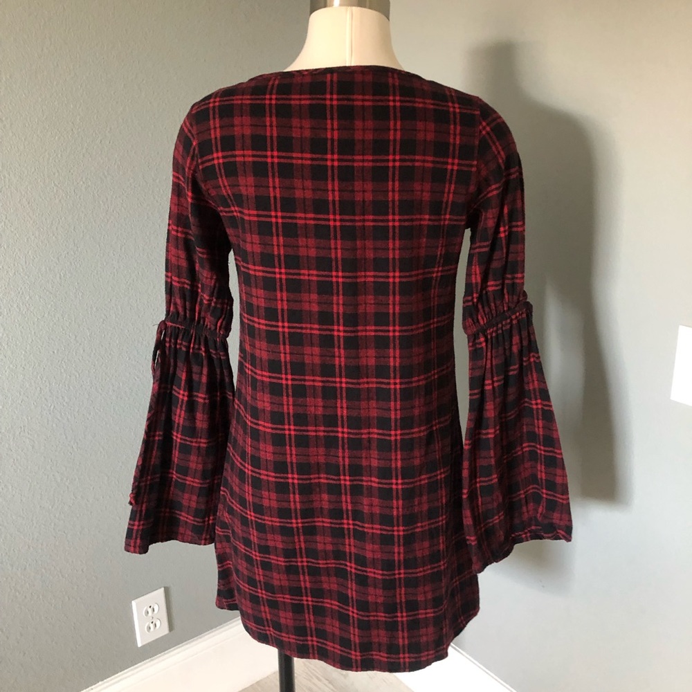 2 Hearts Plaid Flannel Bell-Sleeve Shift Dress - Picture 14 of 16